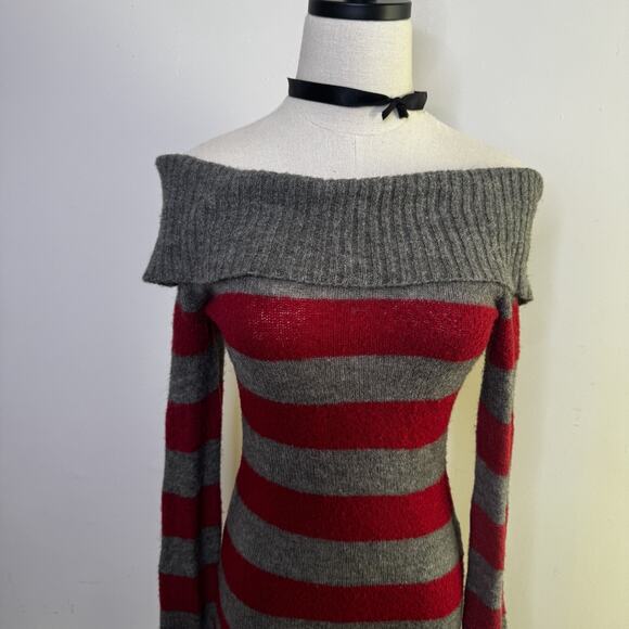 Vintage Y2K Striped Off the Shoulder Sweater Emo Scene Soft Girl Goth Witch S - Picture 2 of 7